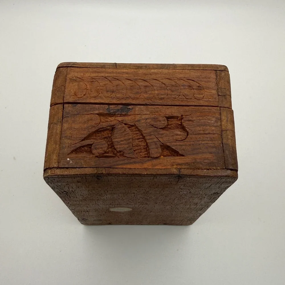 Vintage Hand Carved Wood Jewelry Box India Floral Inlay Small Trinket Keepsake